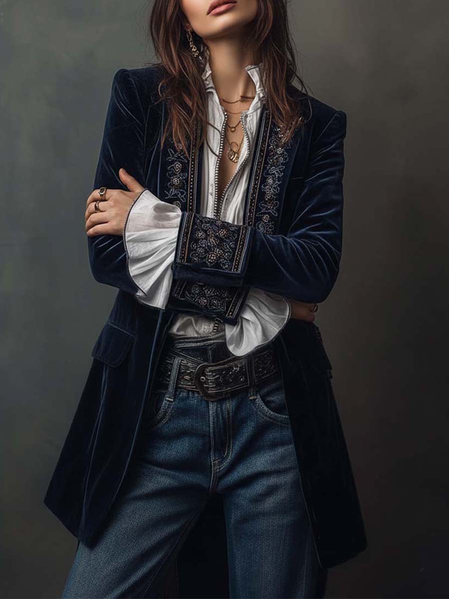 Seraphina - Vintage Navy Velvet Embroidered Long Jacket