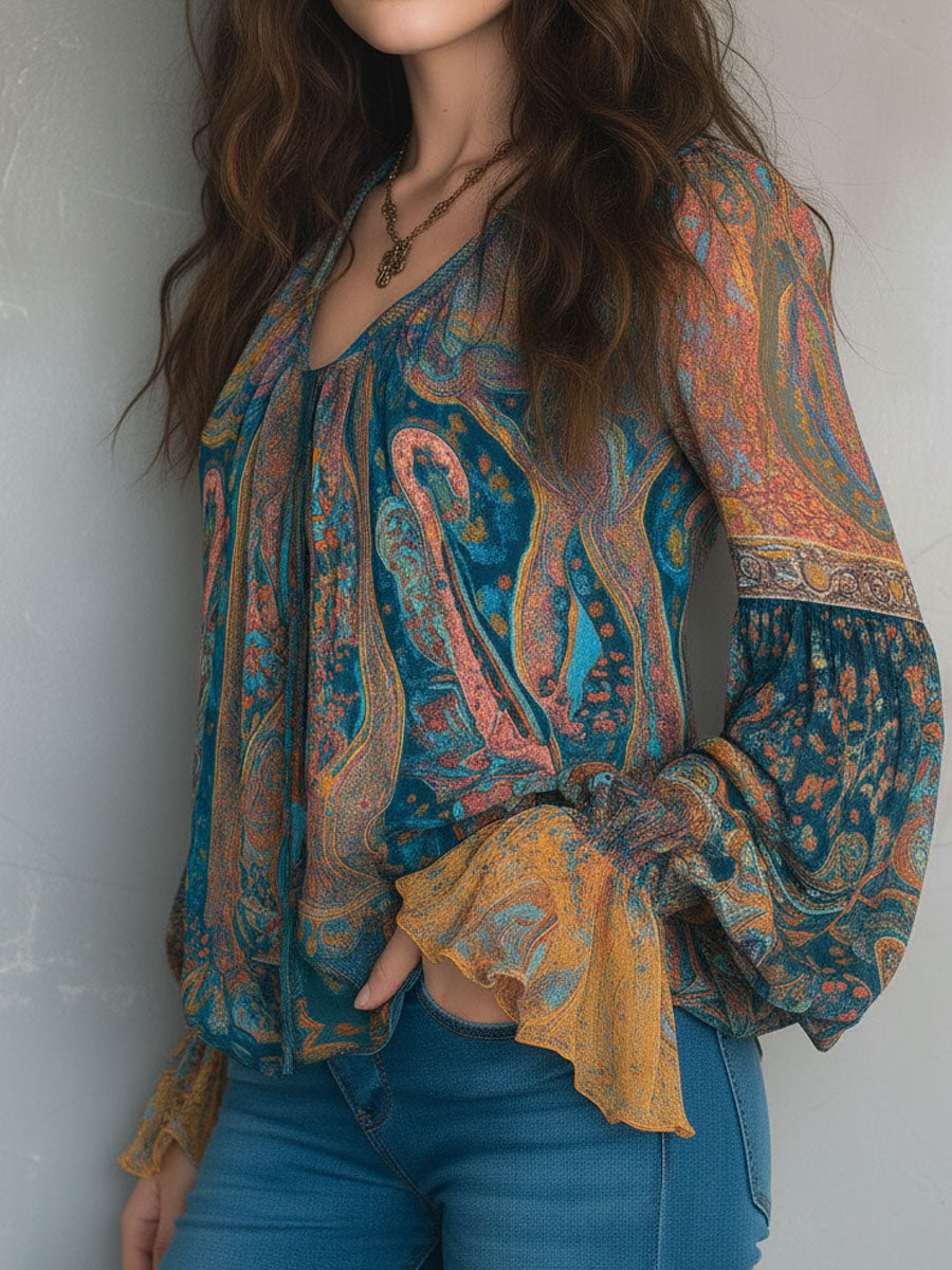 Seraya | Lightweight Chiffon Blouse with Boho Pattern