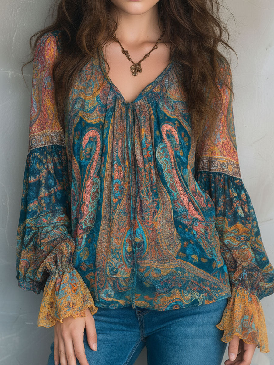 Zaraâ„¢ | Bohemian Teal & Amber Paisley Chiffon Blouse With Ruffled Cuffs