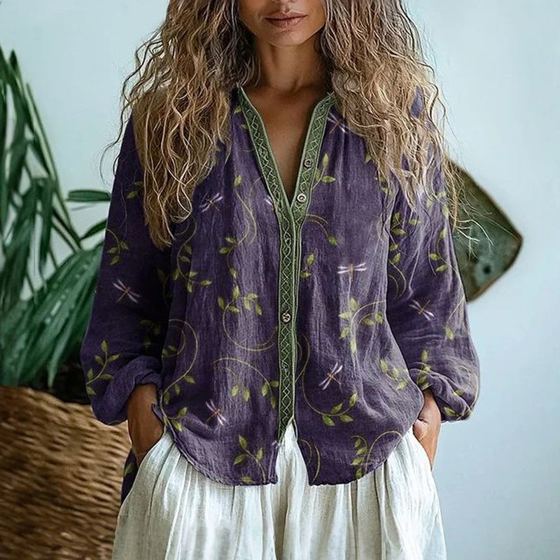 Linda - Vintage Leaf Print Blouse