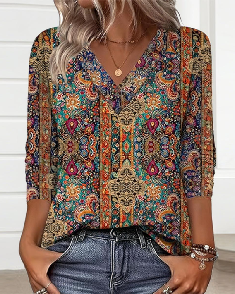 Clara - Retro Printed Blouse V Neck