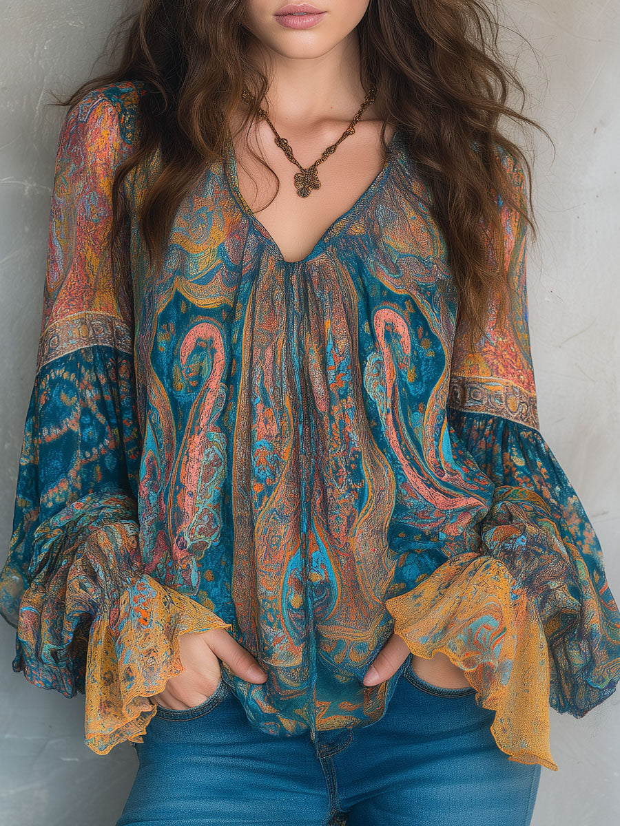 Zaraâ„¢ | Bohemian Teal & Amber Paisley Chiffon Blouse With Ruffled Cuffs