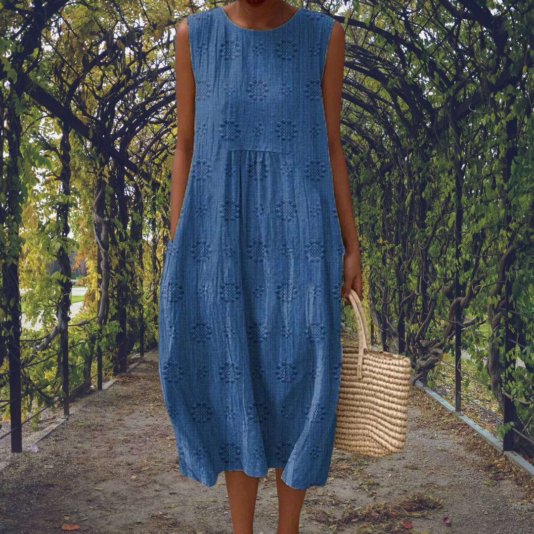 Elodie | Sleeveless Embroidered Midi Dress with Pockets