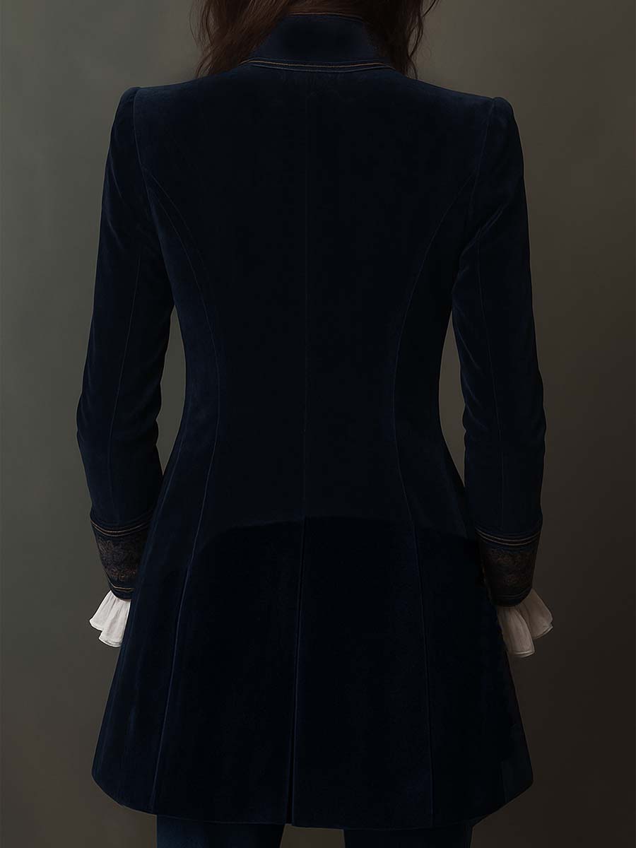 Seraphina - Vintage Navy Velvet Embroidered Long Jacket