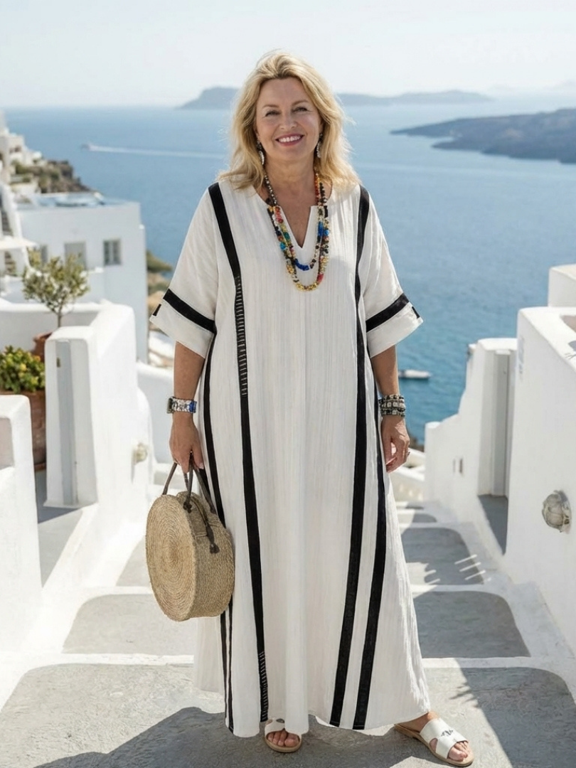 Elvienne - Short Sleeve Color Block Striped Maxi Dress