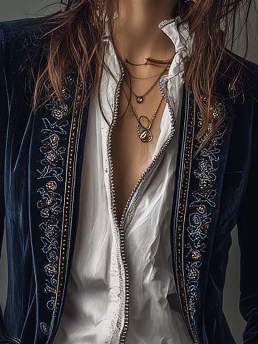 Seraphina - Vintage Navy Velvet Embroidered Long Jacket