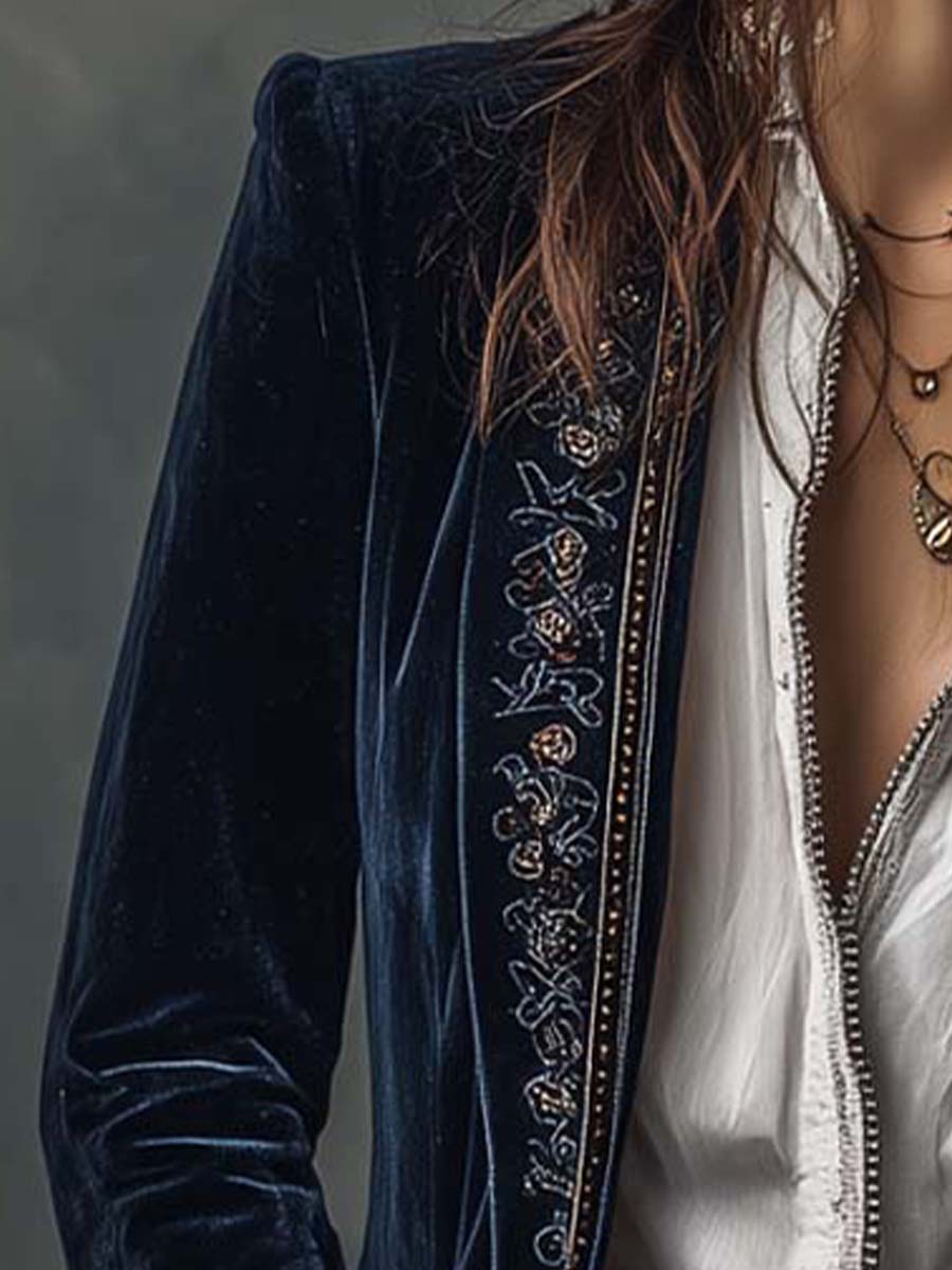 Seraphina - Vintage Navy Velvet Embroidered Long Jacket