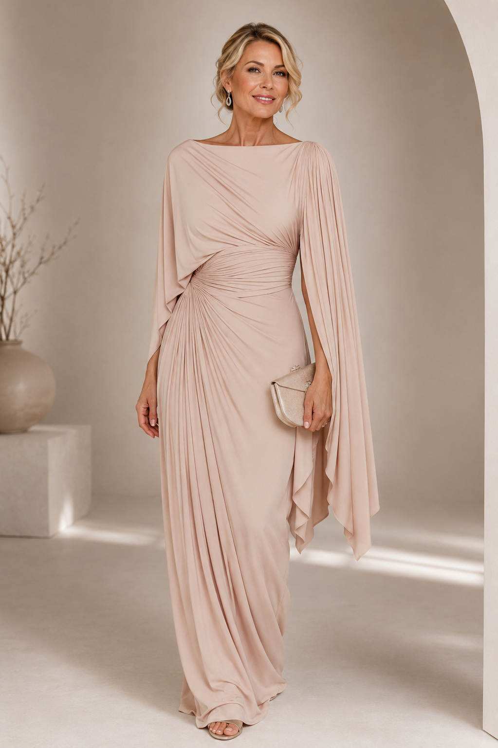 Anastasia | Elegant Pleated Cape Sleeve Maxi Dress
