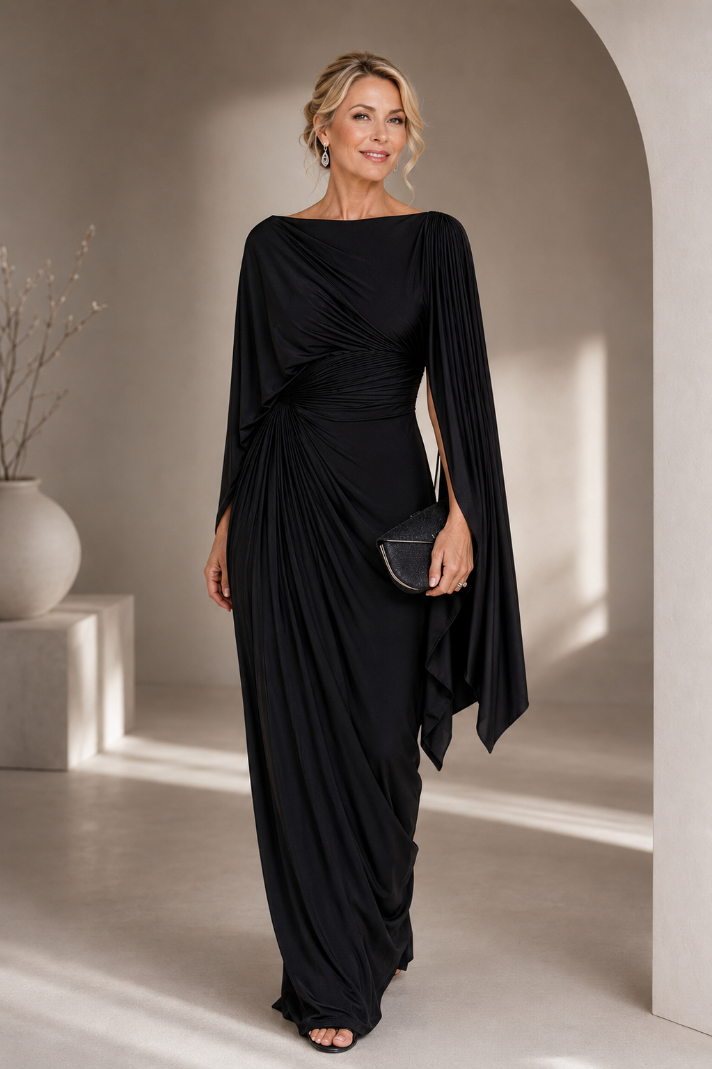 Anastasia | Elegant Pleated Cape Sleeve Maxi Dress