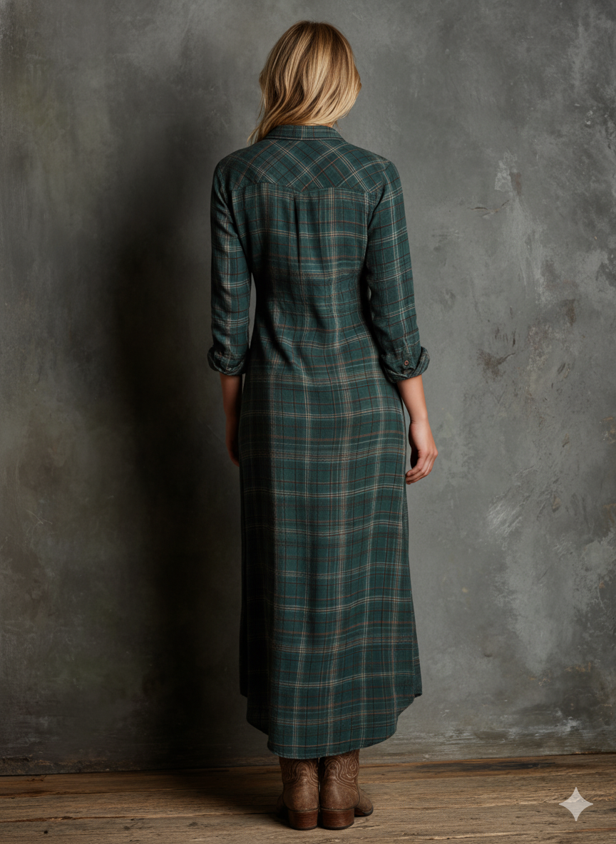 Lydia - Plaid Lapel Single-Breasted Shirt Maxi Dress