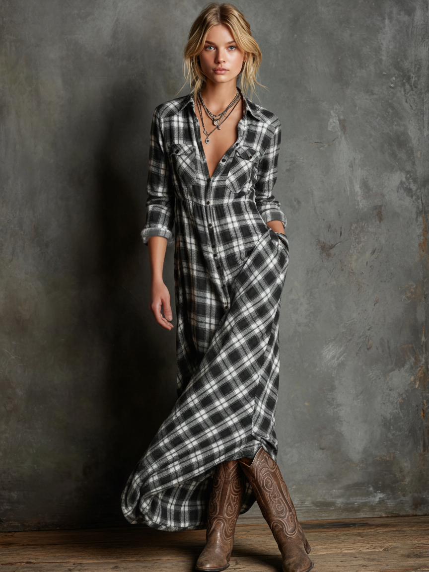 Lydia - Plaid Lapel Single-Breasted Shirt Maxi Dress