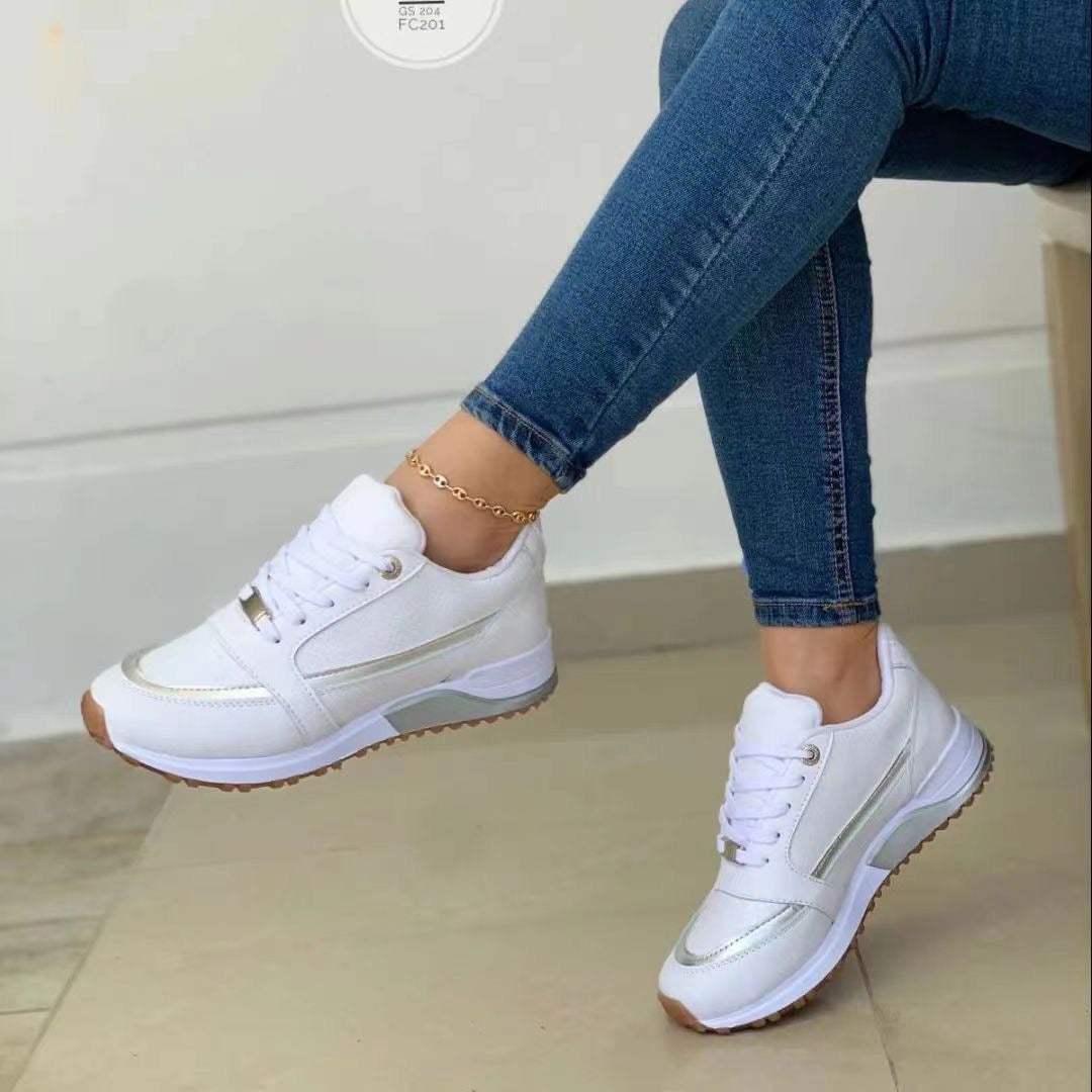 Women's Lace-Up Non-Slip Sneakers - White Thick Sole