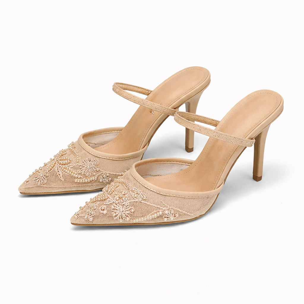 Floral Embroidered Mesh Mule Heels for Women – Elegant Pointed Toe Design