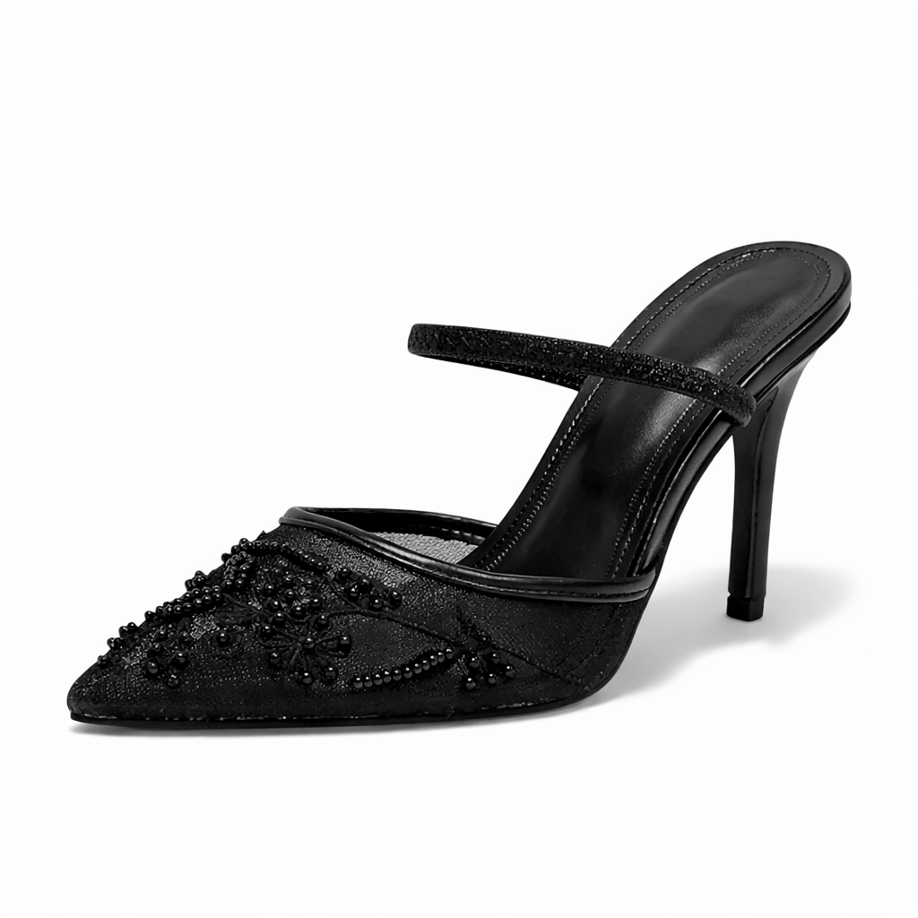 Floral Embroidered Mesh Mule Heels for Women – Elegant Pointed Toe Design