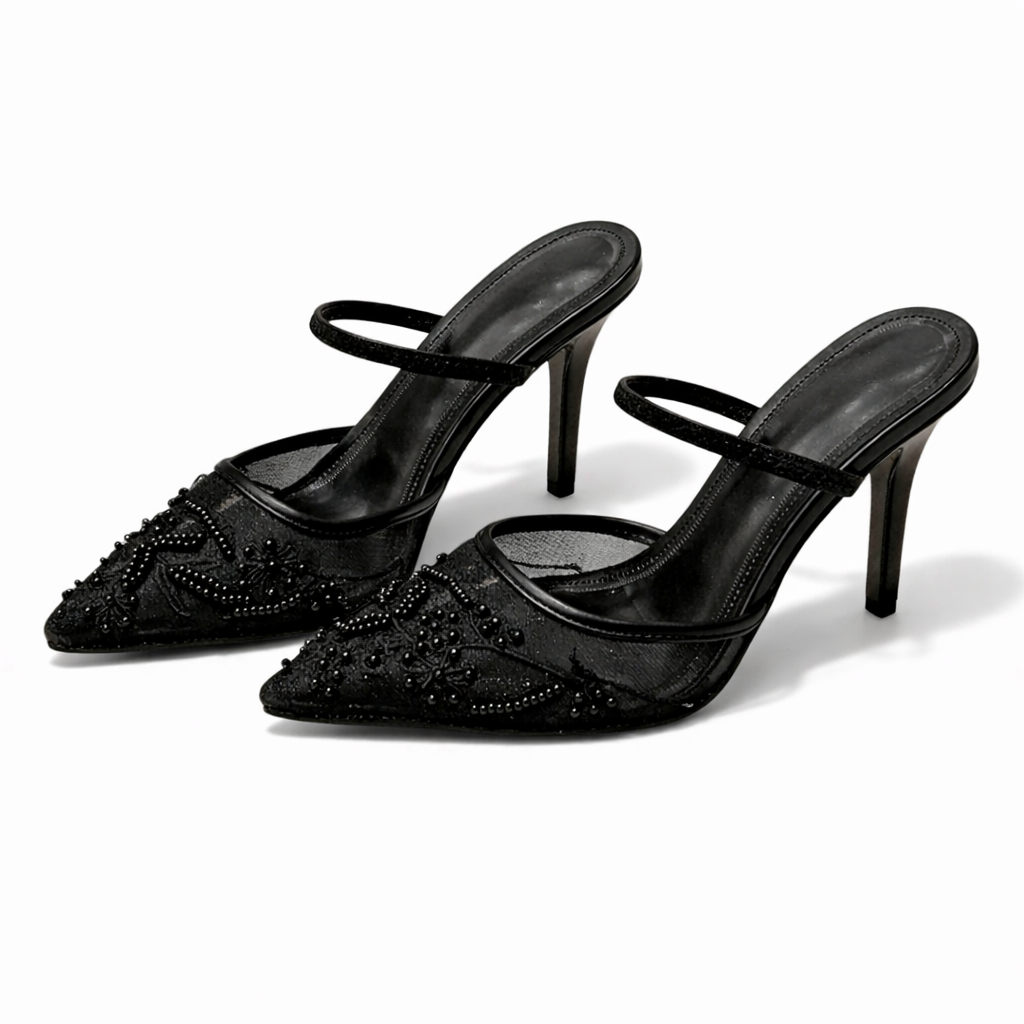 Floral Embroidered Mesh Mule Heels for Women – Elegant Pointed Toe Design
