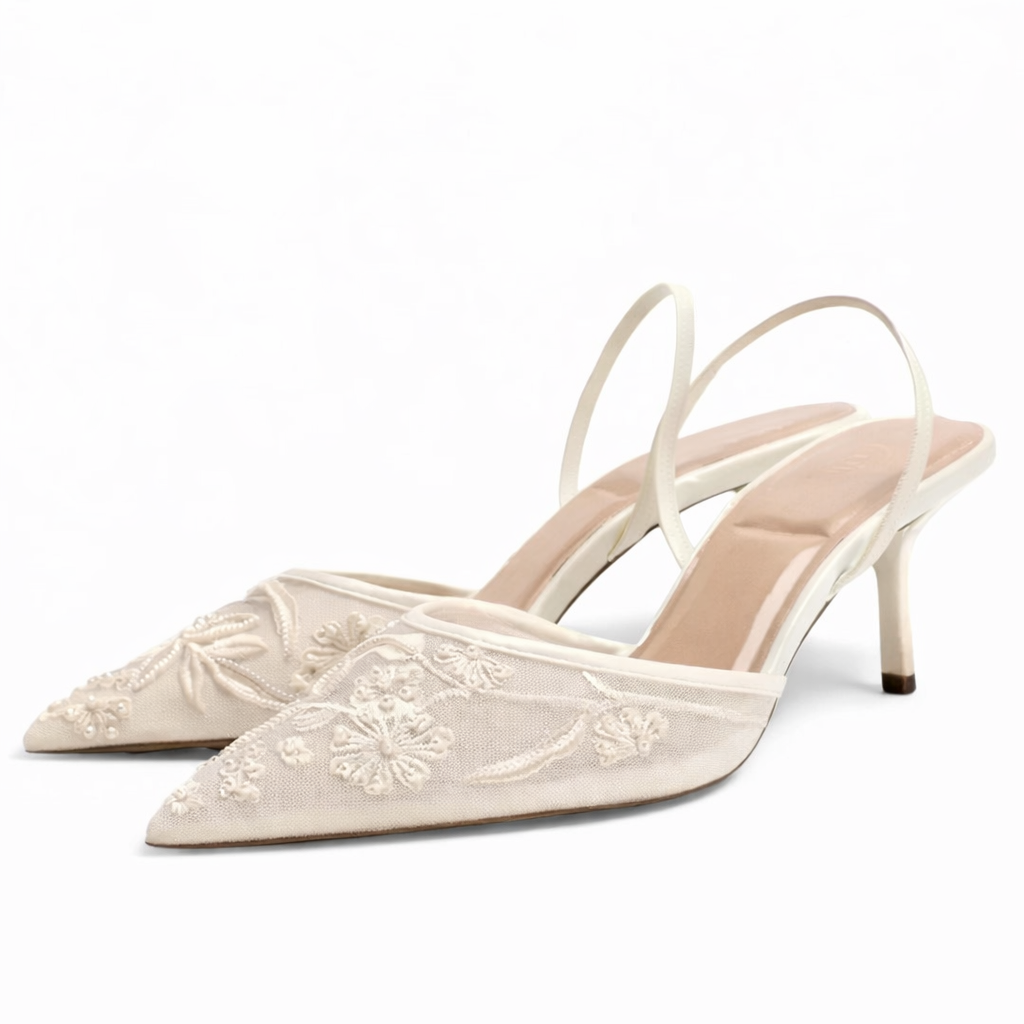 Floral Embroidered Mesh Mule Heels for Women – Elegant Pointed Toe Design