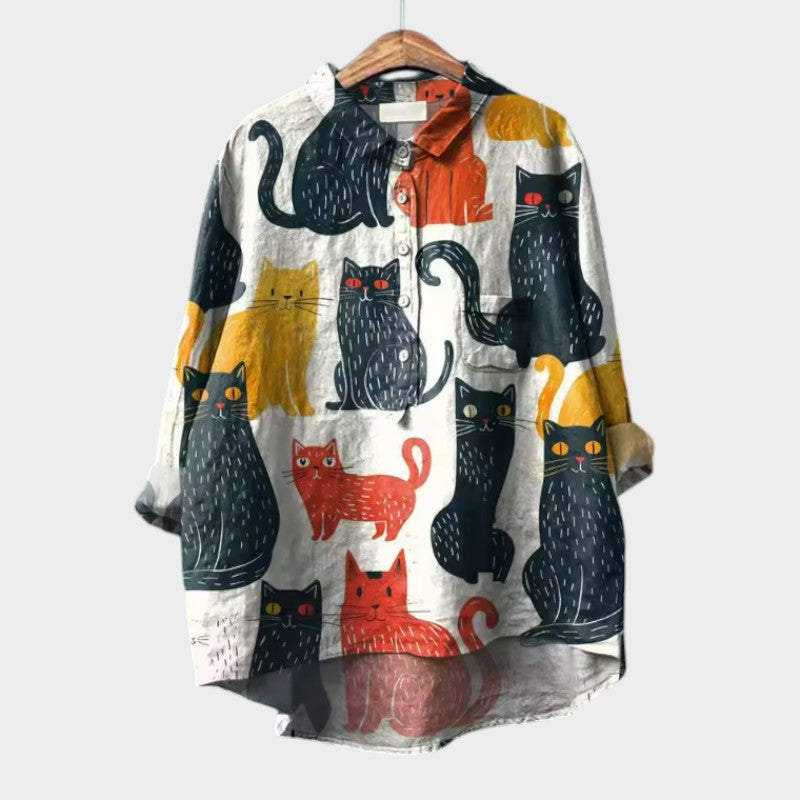 Ivy - Oversized Blouse Featuring Colorful Cats