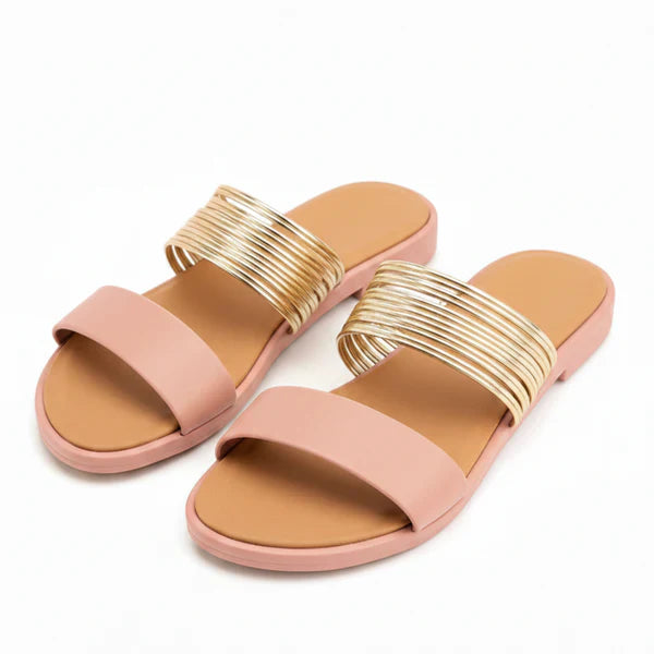 Metallic Multi-Strap Flat Slide Sandals for Women