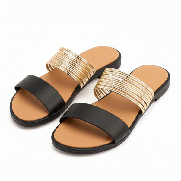 Metallic Multi-Strap Flat Slide Sandals for Women