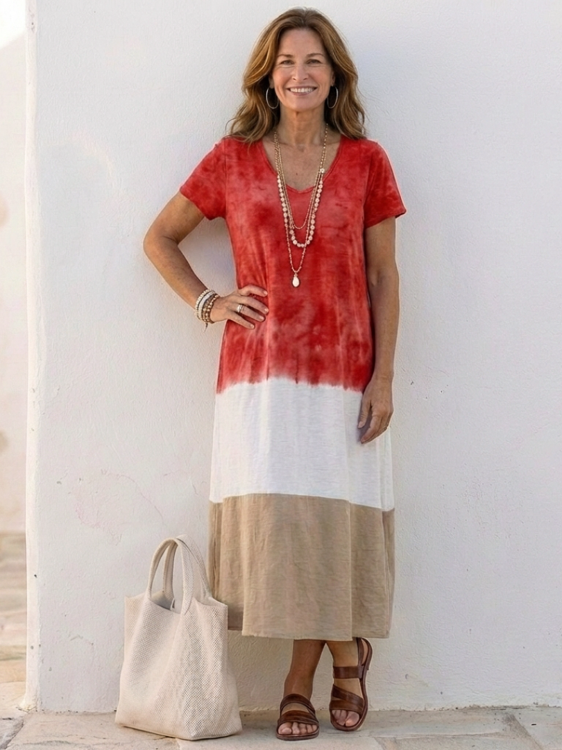 Thalia - Short Sleeve Color Block V Neck Midi Dress