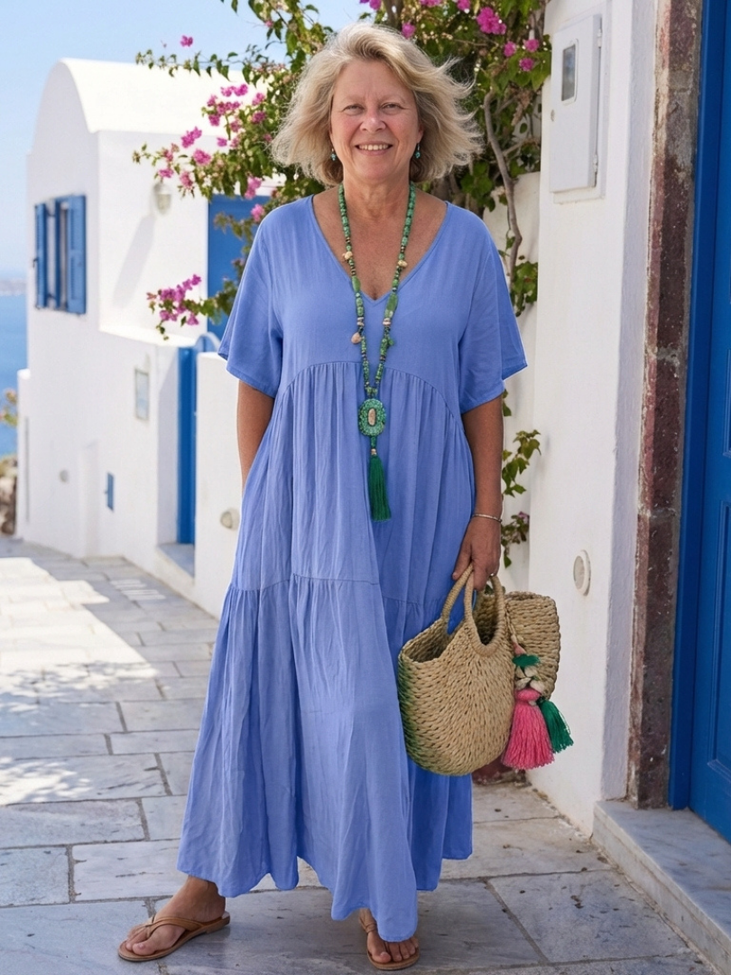 Zinnia - Short Sleeve Tiered Blue Maxi Dress