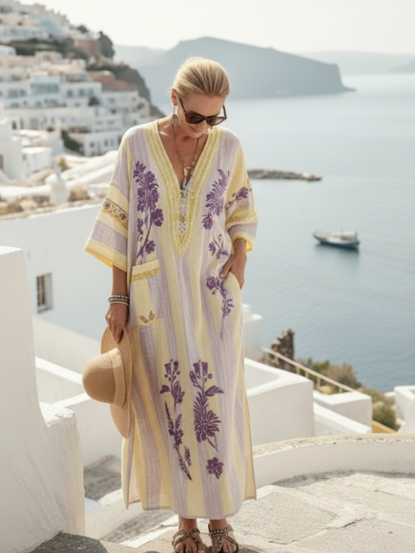 Aurelia - V Neck Half Sleeve Striped Floral Maxi Dress