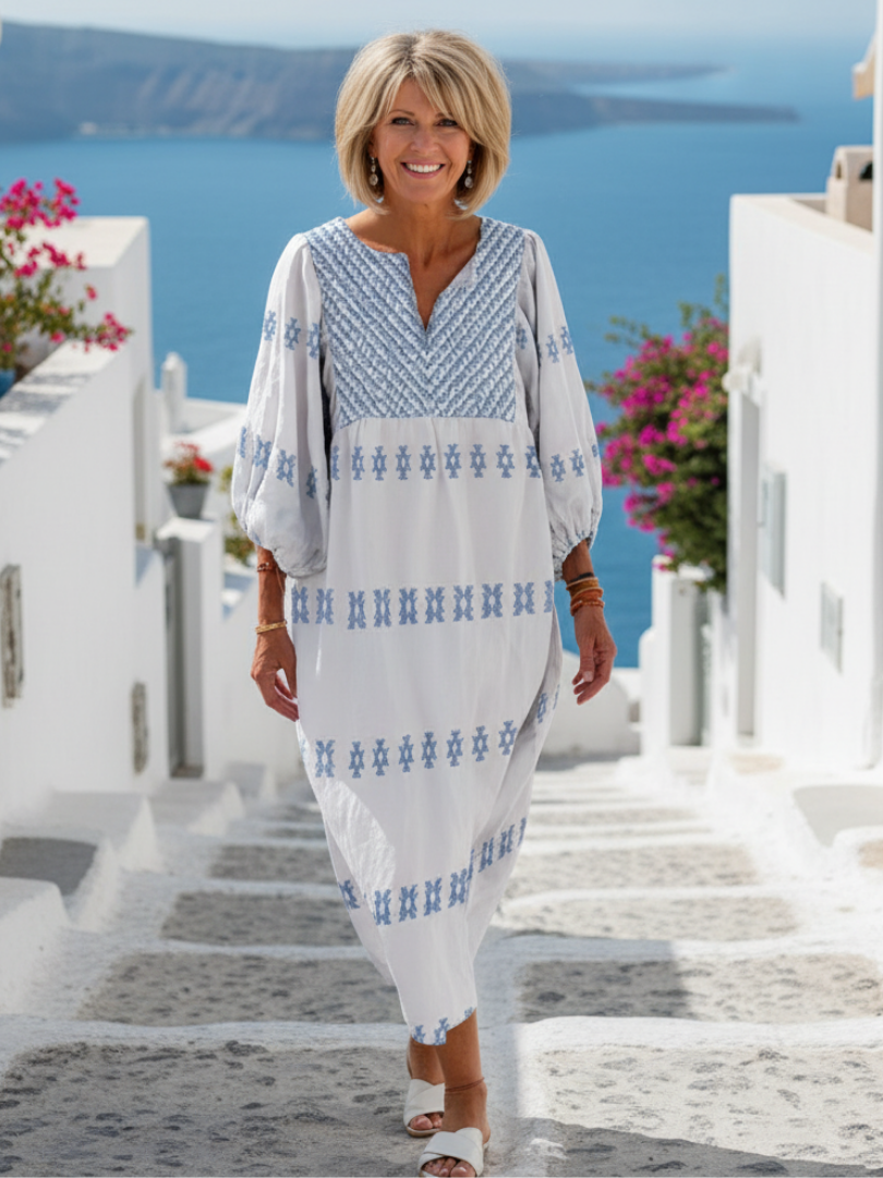 Evadne - V Neck Long Sleeve Embroidered Maxi Dress