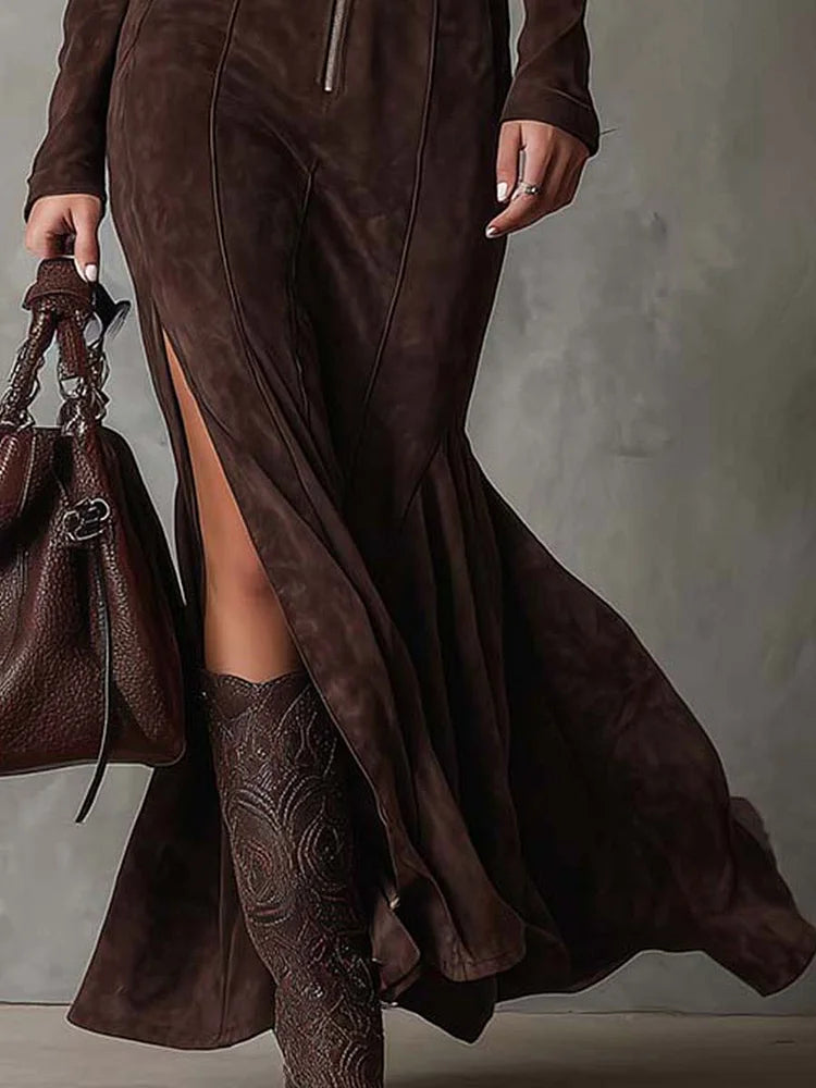 Jess - Belted Suede Zip Dress