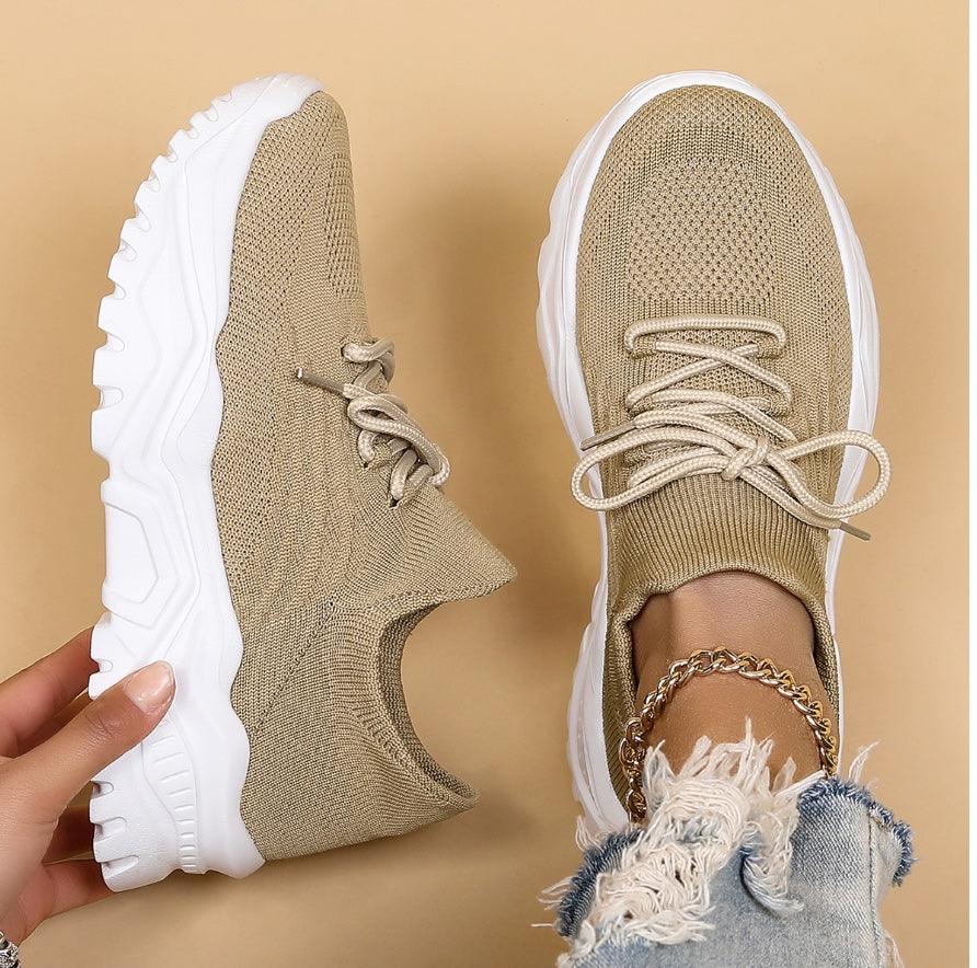Women's Lace-Up Thick Sole Trainers - Breathable Mesh