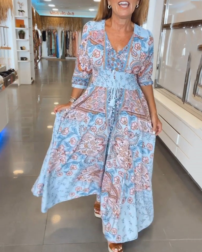 Sienna | Printed V-Neck Holiday Maxi Dress