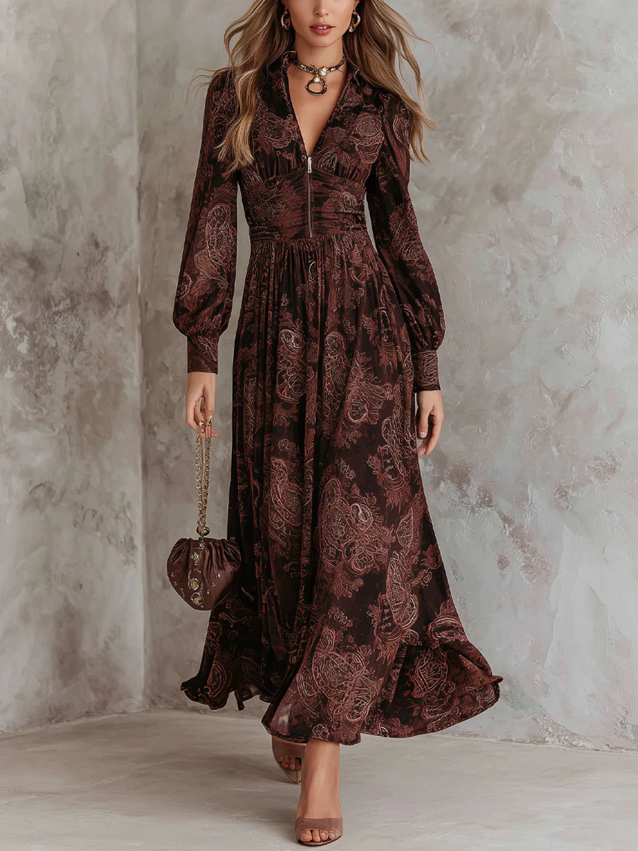 Marlene - Paisley Zip-Neck Midi Dress