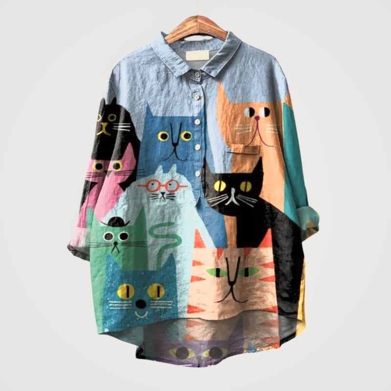 Ivy - Oversized Blouse Featuring Colorful Cats