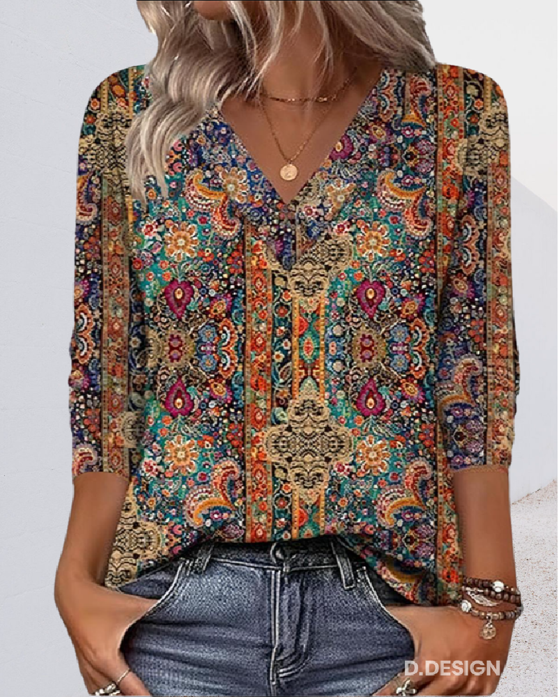 Clara - Retro Printed Blouse V Neck