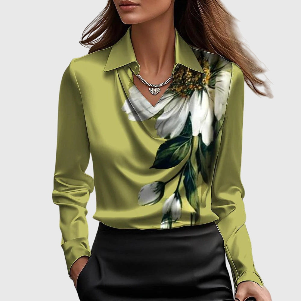 Sylvie - Luxurious Shiny Blouse with Pleated Neckline