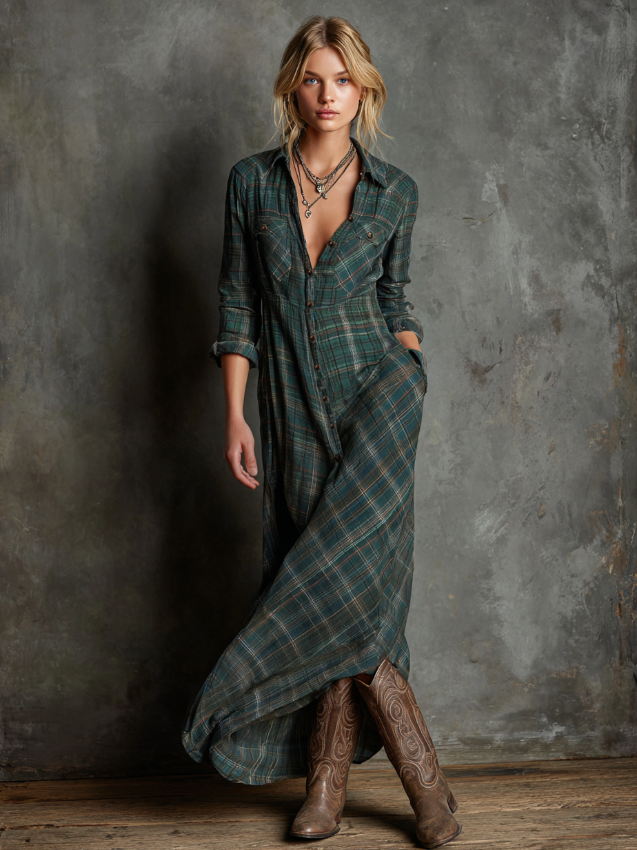 Lydia - Plaid Lapel Single-Breasted Shirt Maxi Dress