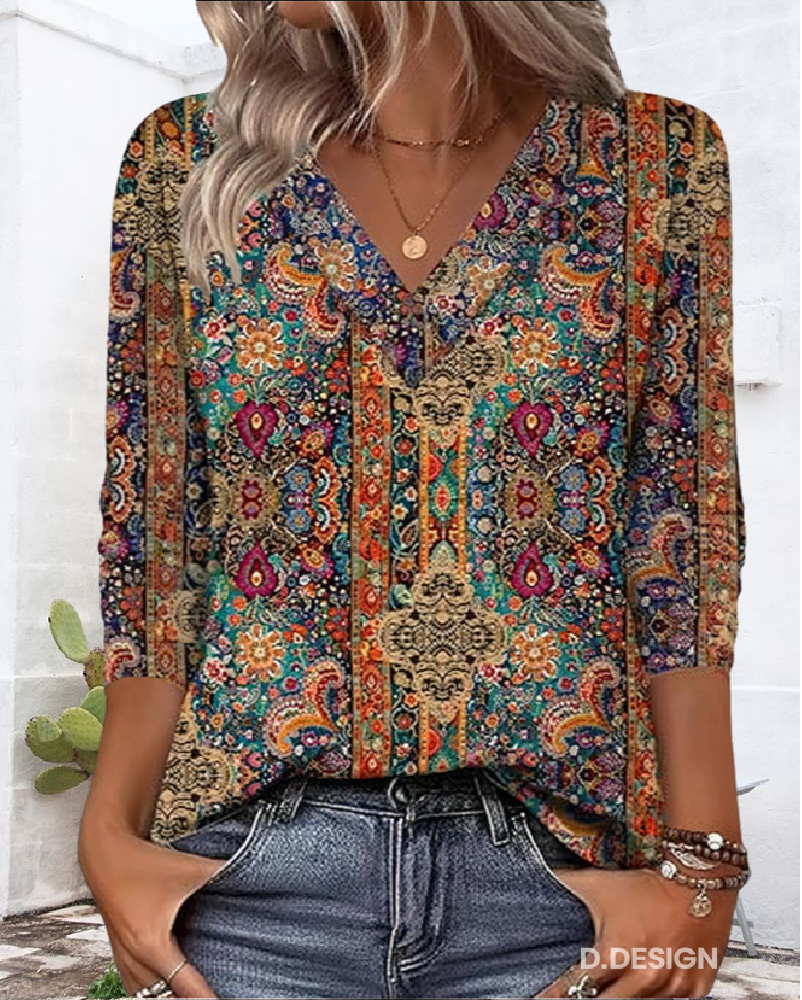 Clara - Retro Printed Blouse V Neck