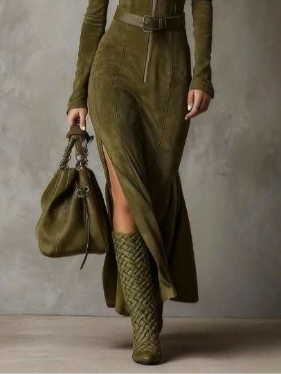 Evelyn - Belted Suede Zip Dress