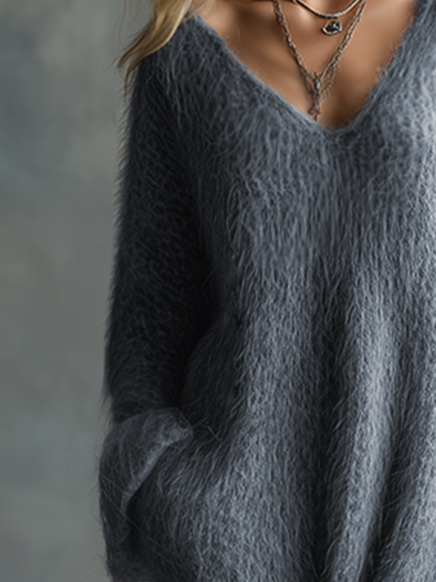 Anselma - V-neck Gray Knitted Maxi Dress