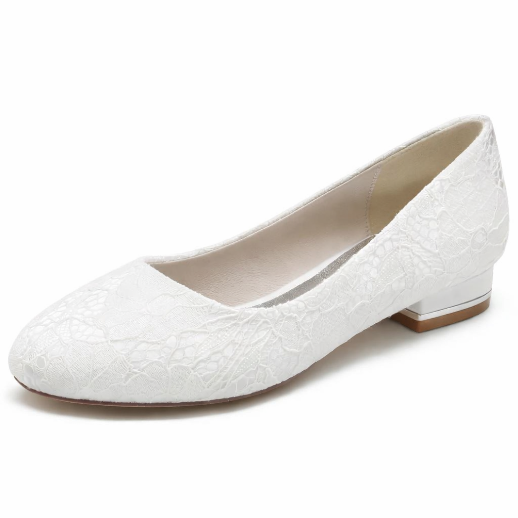 Women's White Lace Bridal Flats – Comfortable Round Toe Wedding Shoes with Low Heel