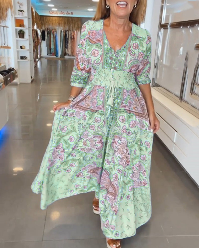 Sienna | Printed V-Neck Holiday Maxi Dress