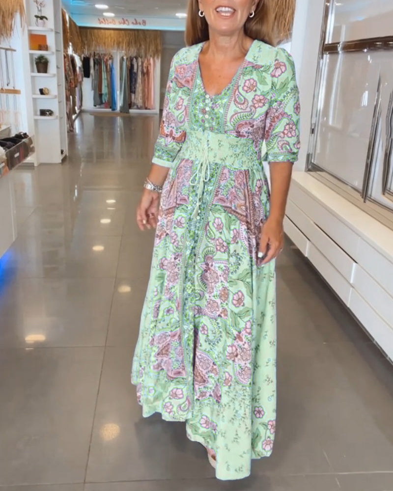 Sienna | Printed V-Neck Holiday Maxi Dress