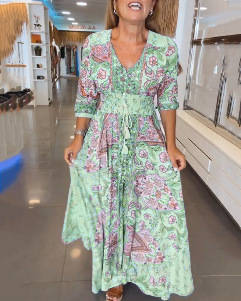 Sienna | Printed V-Neck Holiday Maxi Dress