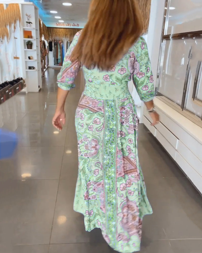 Sienna | Printed V-Neck Holiday Maxi Dress