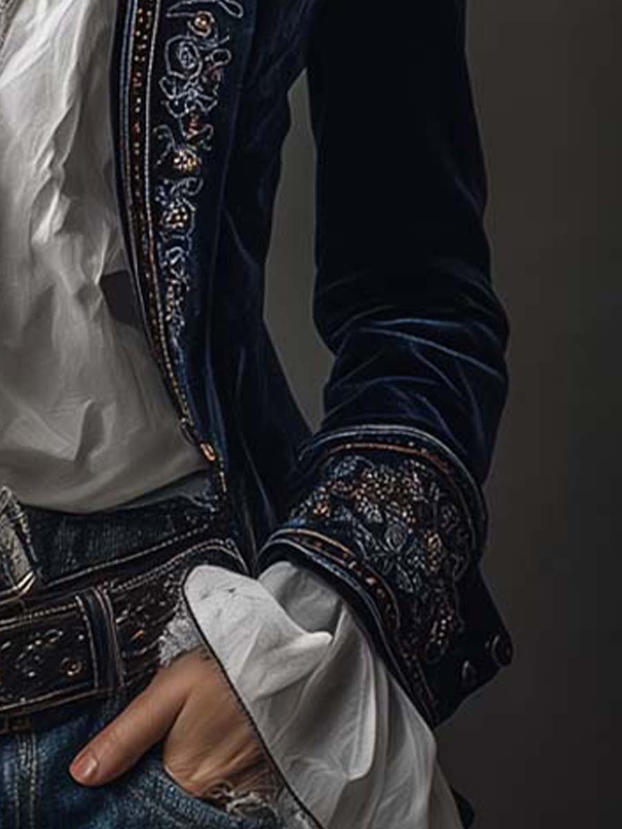 Seraphina - Vintage Navy Velvet Embroidered Long Jacket