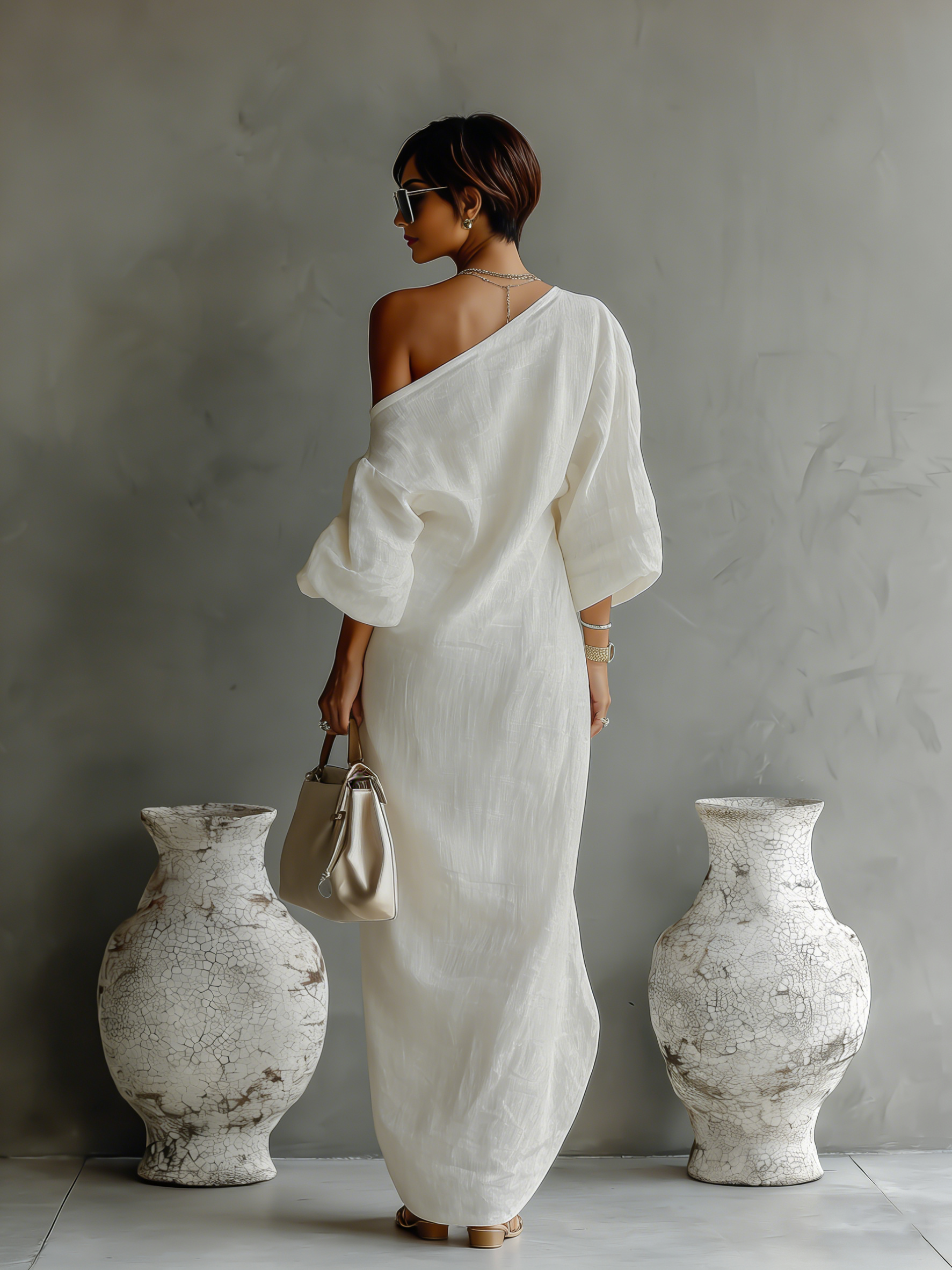 Aurora - Ivory One-Shoulder Flowing Maxi Dress