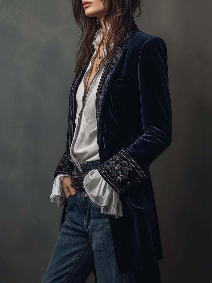 Seraphina - Vintage Navy Velvet Embroidered Long Jacket