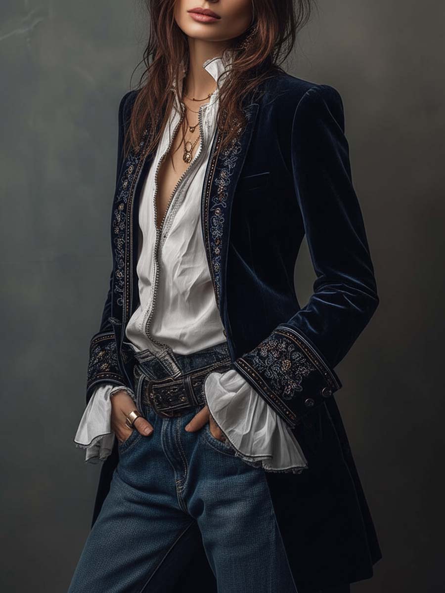Seraphina - Vintage Navy Velvet Embroidered Long Jacket