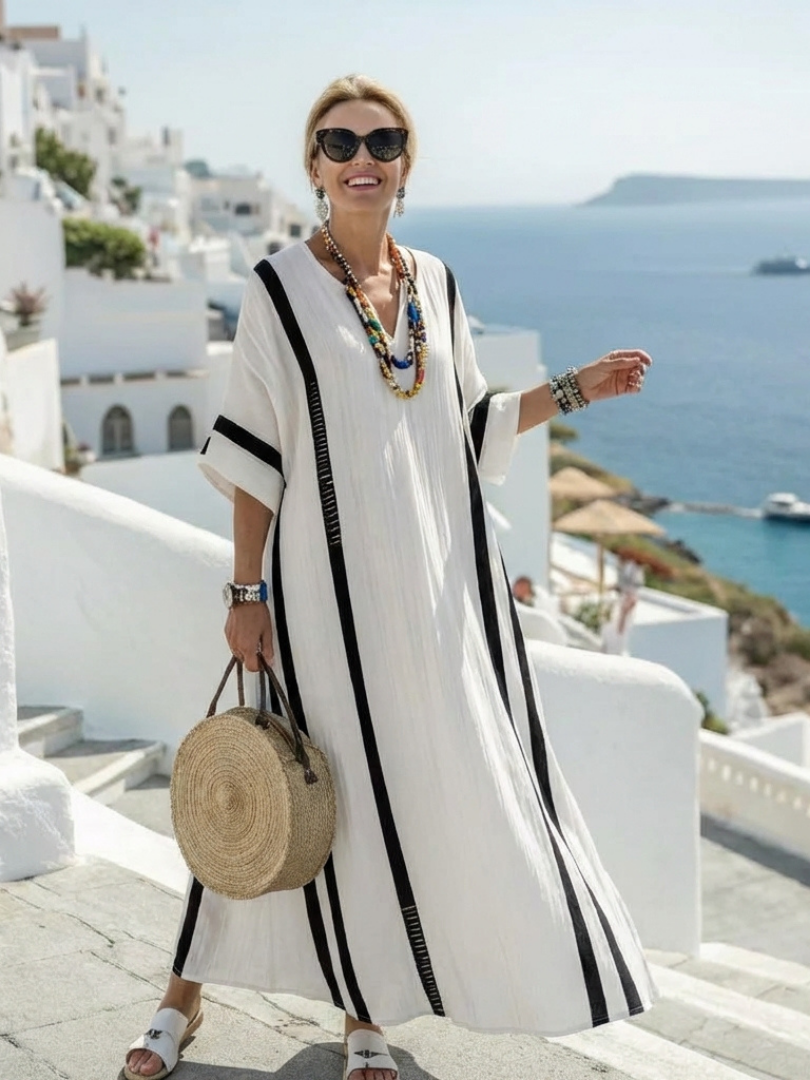 Elvienne - Short Sleeve Color Block Striped Maxi Dress