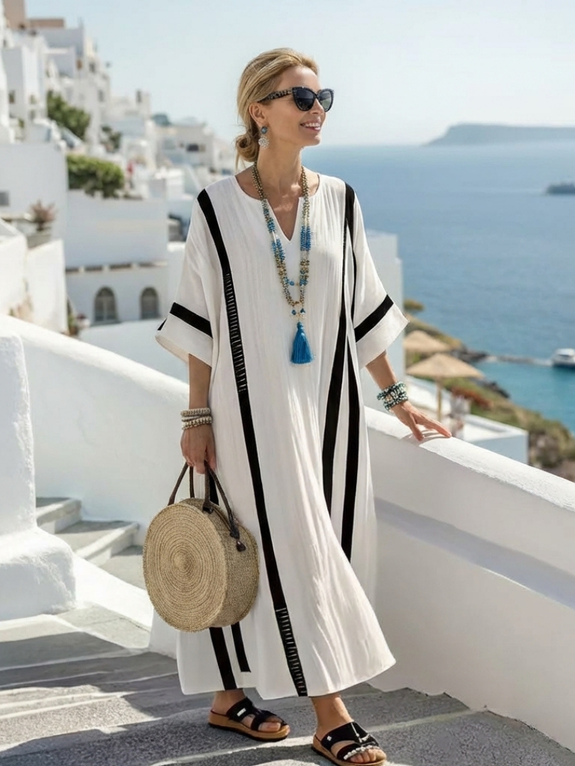 Elvienne - Short Sleeve Color Block Striped Maxi Dress