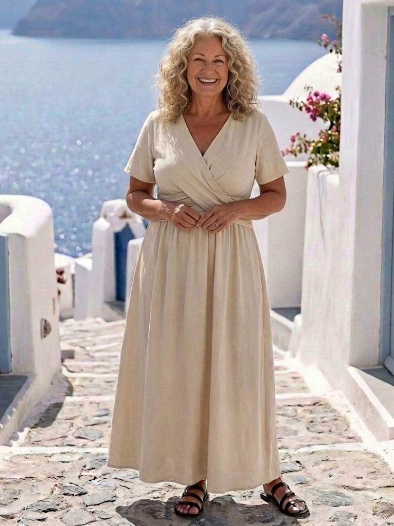 Alvara - V Neck Short Sleeve Wrap Waist Midi Dress